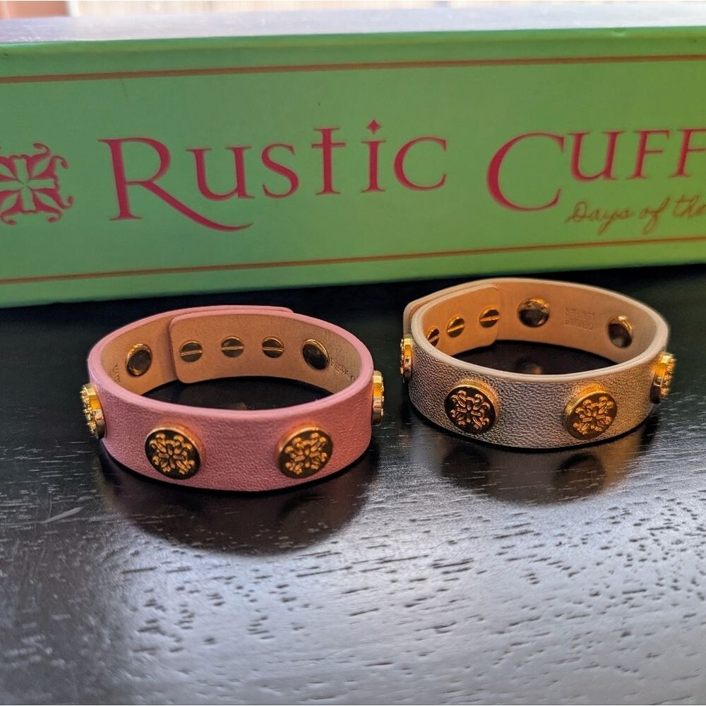 Rustic Cuff Pink and Gray Leather Bracelets with Gold Medallions